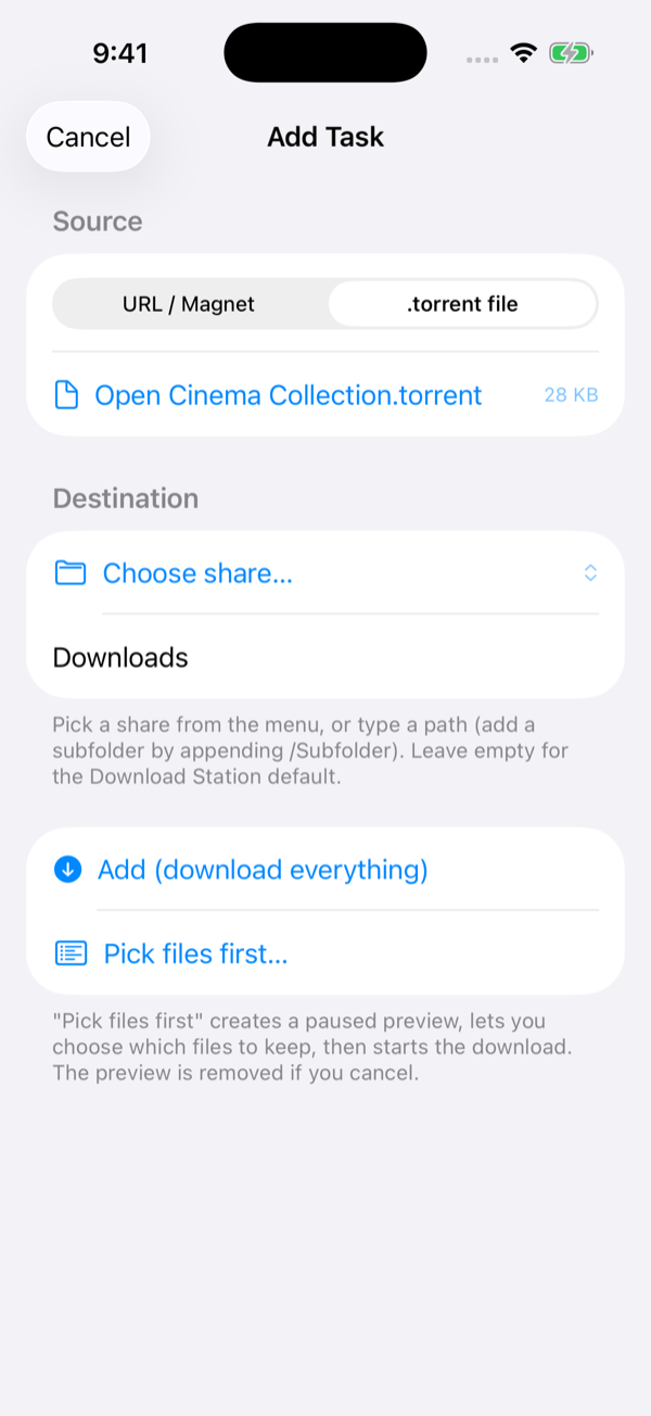 Add a torrent file and choose its destination on the NAS.