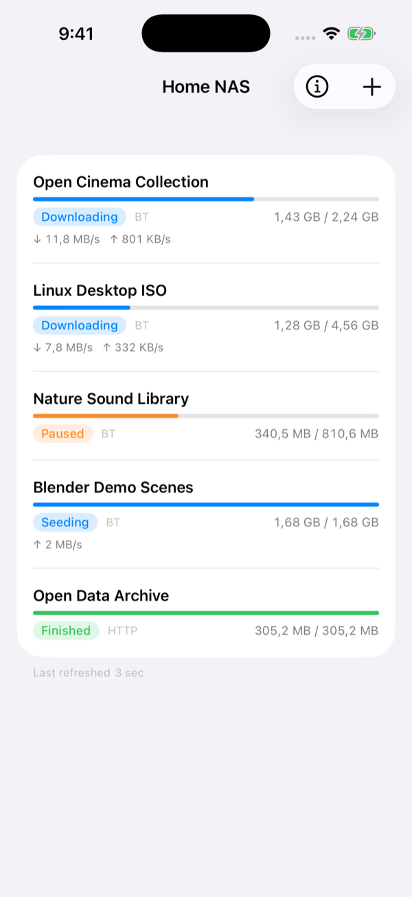 Magnetar showing sample downloads, progress, speeds and task status.