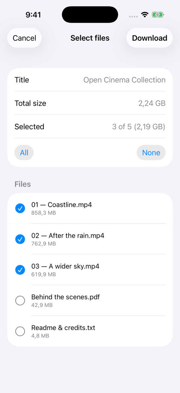 Select individual files in a torrent before downloading.